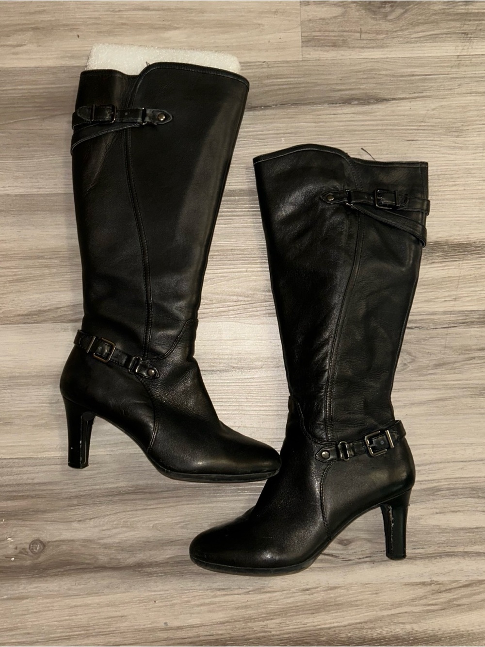 Alex Marie Black Leather Knee-High Heeled moto Boots Buckle Detail